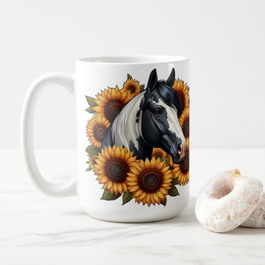 Zwart-wit Paard met Zonnebloemen Koffiemok (Met donut)