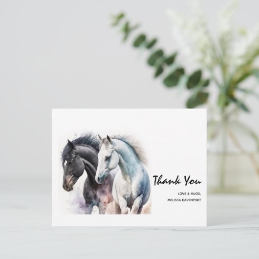 Zwart & wit paard paar in waterverf bedankt briefkaart (Staand voorkant)
