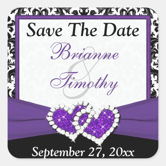 Zwart Wit Paarse Damask 1.5"sparen de datumstok Vierkante Sticker (Voorkant)