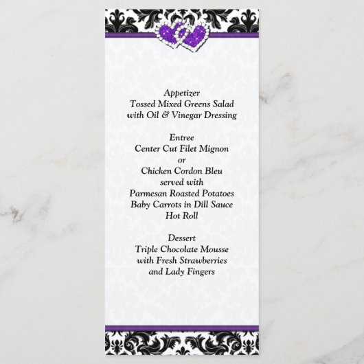 Zwart, Wit, Paarse Damask, Harten Bruiloft Menu (Achterkant)