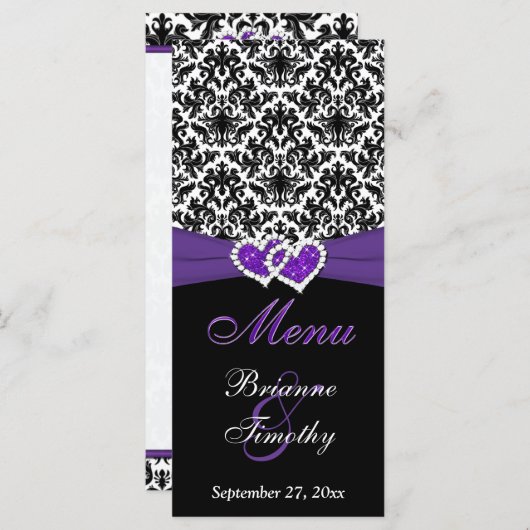 Zwart, Wit, Paarse Damask, Harten Bruiloft Menu (Voorkant / Achterkant)