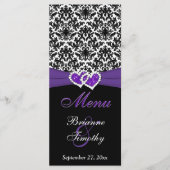 Zwart, Wit, Paarse Damask, Harten Bruiloft Menu (Voorkant)