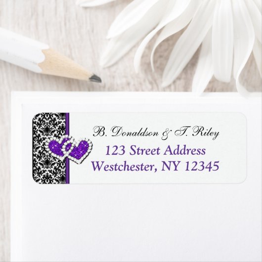 Zwart Wit Paarse Damask Hearts Adreslabel Etiket (Insitu)