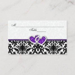 Zwart, wit, Paarse Damask Hearts Place Card Plaatskaartje