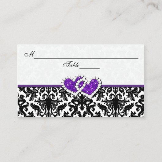 Zwart, wit, Paarse Damask Hearts Place Card Plaatskaartje (Voorkant)