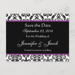 Zwart Wit Paarse Damask Save Date Briefkaart