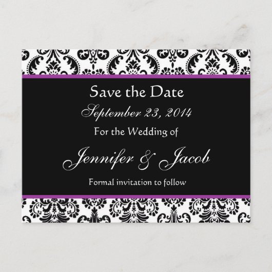 Zwart Wit Paarse Damask Save Date Briefkaart (Voorkant)