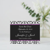 Zwart Wit Paarse Damask Save Date Briefkaart (Staand voorkant)