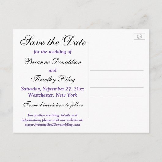 Zwart, Wit, Paarse Damask Save the Date Briefkaart (Achterkant)