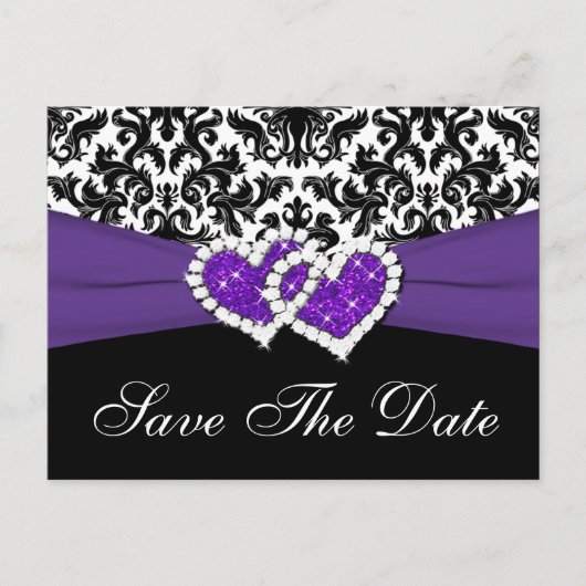 Zwart, Wit, Paarse Damask Save the Date Briefkaart (Voorkant)