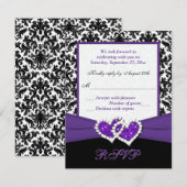 Zwart, Wit, Paarse Damast & Hartjes Antwoordkaart RSVP Kaartje (Voorkant / Achterkant)