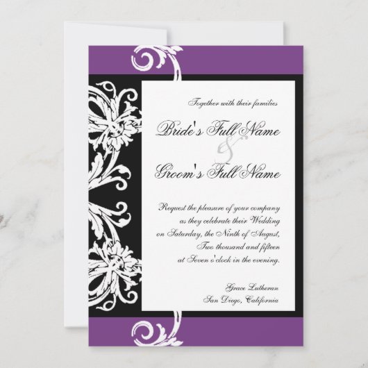 Zwart Wit Paarse Hart Damask Bruiloft Uitnodiging (Voorkant)