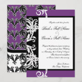 Zwart Wit Paarse Hart Damask Bruiloft Uitnodiging (Voorkant / Achterkant)