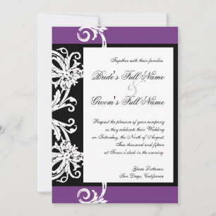 Zwart Wit Paarse Hart Damask Bruiloft Uitnodiging