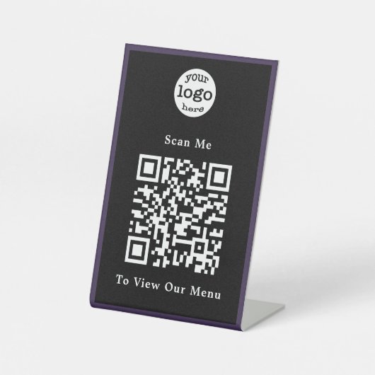 Zwart-wit Paarse Logo QR Code Restaurant Reclamebord Met Voetstuk (Voorkant)