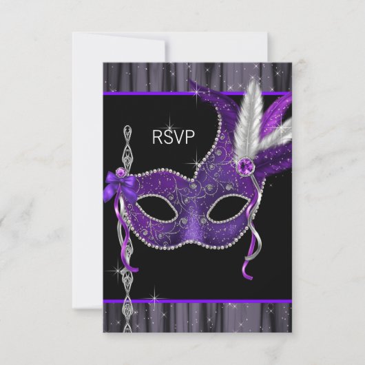 Zwart Wit Paarse Masquerade Party RSVP (Voorkant)