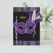Zwart Wit Paarse Masquerade Party RSVP (Staand voorkant)