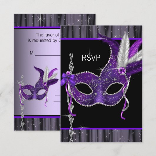 Zwart Wit Paarse Masquerade Party RSVP (Voorkant / Achterkant)