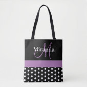 Zwart Wit Paarse Monogram Script Stippen Tote Bag (Voorkant)