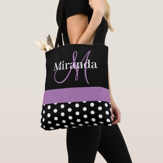 Zwart Wit Paarse Monogram Script Stippen Tote Bag (Dichtbij)
