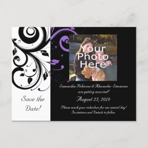 Zwart Wit Paarse Swirl Accent Save the Date Kaart