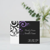 Zwart + Wit Paarse Swirl Bruiloft Matching RSVP (Staand voorkant)