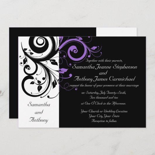 Zwart Wit Paarse werveling bruiloft uitnodigingen (Voorkant / Achterkant)
