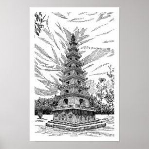 Zwart-wit pagodetoren lijn kunst schets - Boog Poster