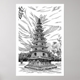 Zwart-wit pagodetoren lijn kunst schets - Boog Poster