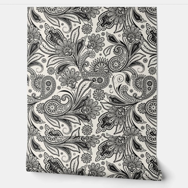 Zwart-wit paisley behang (Afrollen)