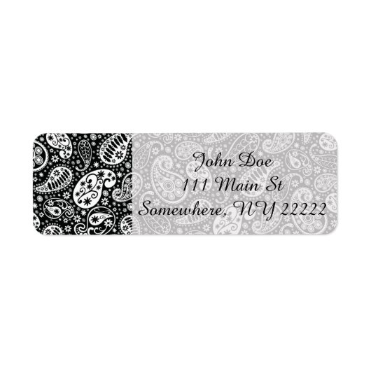 Zwart & Wit Paisley Bloemen Etiket (Voorkant)