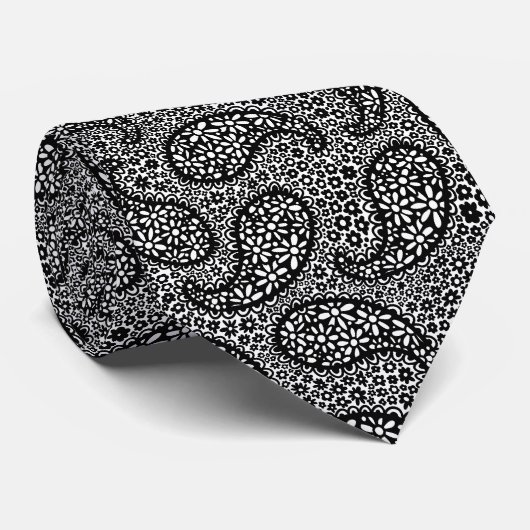 Zwart-wit paisley Daisy-patroon Stropdas (Opgerold)