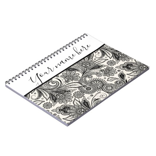 Zwart-wit paisley gepersonaliseerd notitieboek (Linkerzijde)