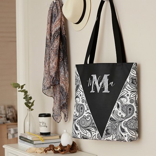 Zwart-wit paisley gepersonaliseerde tas