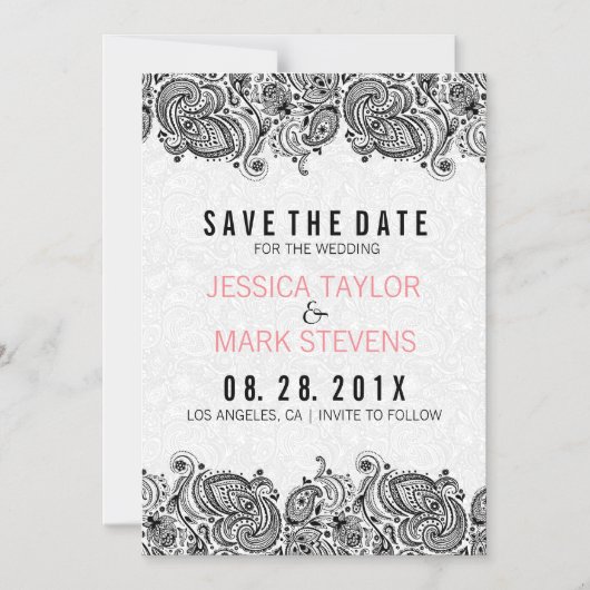 Zwart-wit Paisley-gezicht & Damaskers Magnetische Uitnodiging (Voorkant)