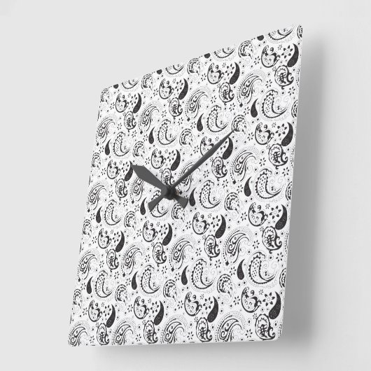 Zwart-wit Paisley Patroon – Elegante Textielkunst Vierkante Klok (Hoek)