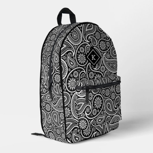 Zwart-wit paisley patroon monogram bedrukte rugzak (Achterkant Hoek Links)