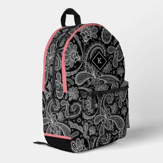 Zwart wit paisley patroon, roze accent, monogram bedrukte rugzak (Achterkant Hoek Links)