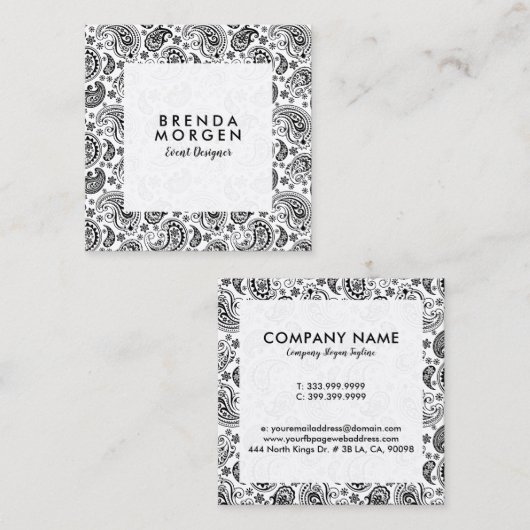 Zwart-wit  Paisley Pattern Vierkante Visitekaartje (Voorkant / Achterkant)