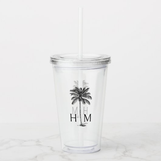 Zwart-wit palm palmboom Monogram Acryl Drinkbeker (Voorkant)