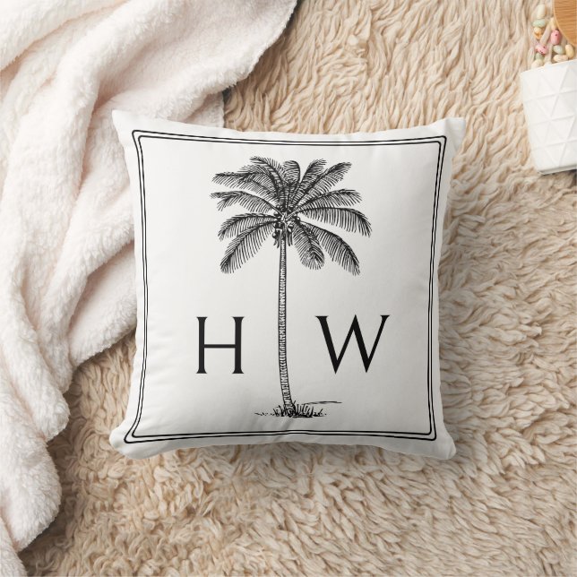 Zwart-Wit Palm Palmetto Boom Monogram Kussen (Deken)