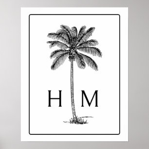 Zwart-Wit Palm Palmetto Boom Monogram Poster