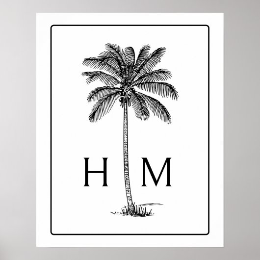 Zwart-Wit Palm Palmetto Boom Monogram Poster (Voorkant)