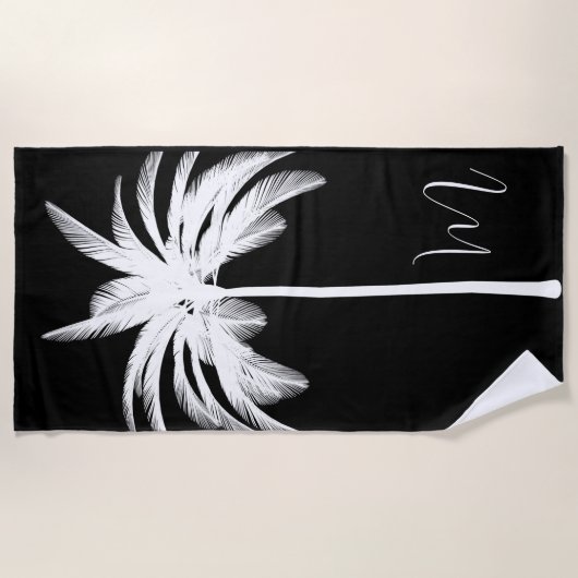 Zwart wit palmboom modern monogram strandlaken (Voorkant)