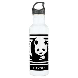 Zwart-wit Panda en Stripes gepersonaliseerd Waterfles