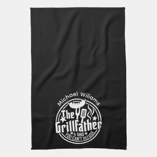 Zwart Wit Papa Gepersonaliseerde BBQ Grillfather Theedoek (Verticaal)