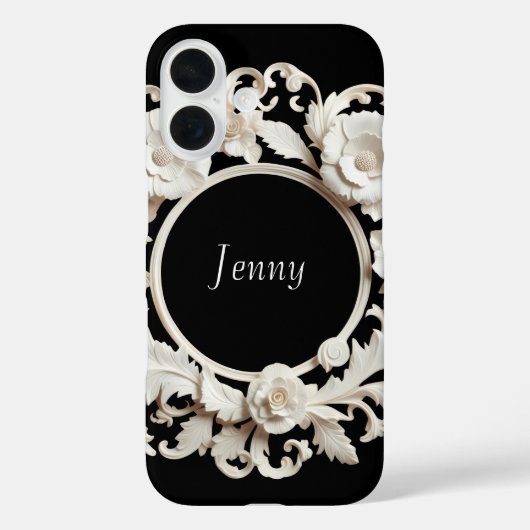 zwart-wit papieren bloem frame Iphone 16 hoesje (Achterkant)