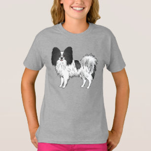 Zwart-wit Papillon Cartoon Hondenillustratie T-shirt