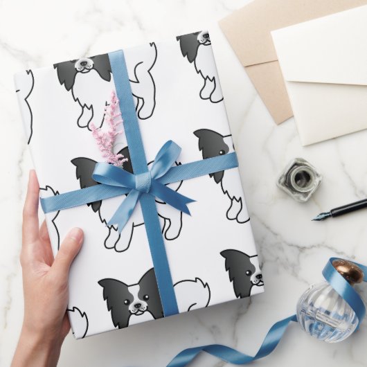 Zwart-wit Papillon Cute Cartoon Hond Patroon Cadeaupapier (Geschenken)