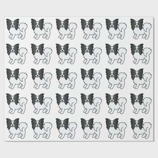 Zwart-wit Papillon Cute Cartoon Hond Patroon Cadeaupapier (Vlak)